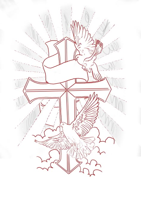 Cross And Birds Tattoo Ideas, Christian Sleeve Tattoo Men Drawing, Cross And Banner Tattoo Design, Three Crosses Tattoo Design Stencil, God Cross Drawing, Cross Tattoo Stencil, Religous Tattoo Stencil, Aztec Tattoos Sleeve, Lion Art Tattoo