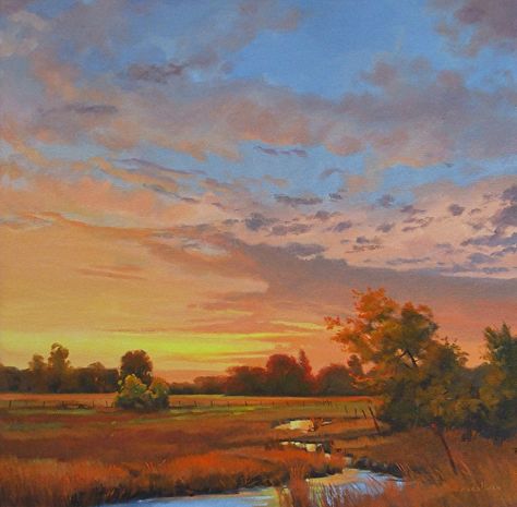 Prose of the Prairie by Cally Krallman Acrylic ~ 24 x 24  http://www.bestlandscapepaintings.com/ Prairie Painting, Artist Techniques, Painted Landscapes, Painting Clouds, Flint Hills, River Painting, Scenery Paintings, Lake Art, Painting Inspo