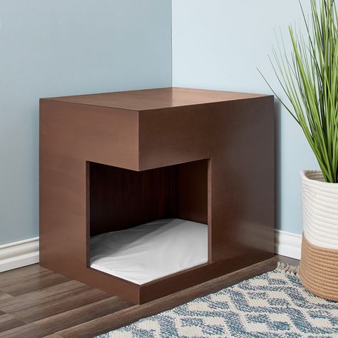 The Two by Two Boulder is a Furniture piece and Pet Bed that provides an enclosed “den” space for your cat or small dog to rest and relax after a long day or play with a Two by Two Cat Activity Toy. Strong wood construction and a durable bed (included) provides a comfy space for both cats and dogs. Soft wood colored enclosure with light gray colored bed will fit in with any home décor. Ships assembled. Can also be used as a small litter box cover. Minimalist Cat Bed, Corner Litter Box Ideas, Hidden Cat Litter Box Ideas Diy Small Spaces, Cat Area Ideas, Montana Apartment, Hidden Litter Box Ideas, Apartment Cat Ideas, Hidden Laundry Rooms, Cat Litter Box Ideas