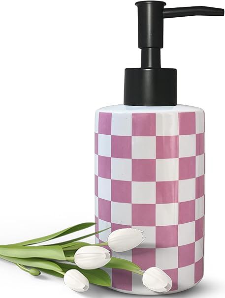 Bathroom Soap Dispenser with Matte Black Pump White Ceramic Soap Dispenser for Kitchen Checkerboard Empty Pump Bottle (Pink) Bathroom Dispensers, Pink Kitchen Decor, Kitschy Decor, Pink Soap, Ceramic Soap Dispenser, Public Restroom, Pottery Clay, Kitchen Soap Dispenser, Pump Bottle