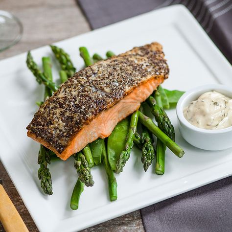 Chia Seed and Parmesan Crusted Salmon with Parsley Dill – Birch and Waite Salmon With Parsley, Microwave Asparagus, Parmesan Crusted Salmon, Pan Fried Salmon, Seafood Sauce, Fried Salmon, Crusted Salmon, Parmesan Crusted, Salmon Fillets