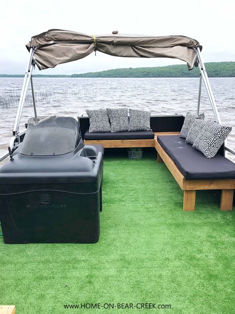 Old Pontoon Makeover, Pontoon Fishing Boat Ideas, Redo Pontoon Boat, Pontoon Railing Ideas, Pontoon Boat Ideas Diy Seats, Pontoon Seating Ideas, Pontoon Boat Storage Ideas, Diy Pontoon Boat Seats, Diy Pontoon Boat Remodel