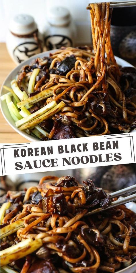 I make jajangmyeon any time I’m craving Korean noodles, but don’t have a lot of extra time to devote to cooking. My vegan version comes together with a simple but potent mix of chunjang (black bean paste) and veggies that add a pliant crunch. It never takes me more than 30 minutes to make – and my taste buds are always thankful! Black Bean Sauce Recipe, Cucumber Pasta, Black Bean Paste, Black Bean Noodles, Bean Noodles, Korean Noodles, Black Bean Recipes, Bean Sauce, Button Mushroom