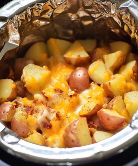 Wrap potatoes in foil and put them in a Crock-Pot for this comforting dish Slow Cooker Cheesy Potatoes, Crockpot Dump Recipes, Slow Cooker Potatoes, Crock Pot Potatoes, Dump Meals, Potato Recipes Side Dishes, Crockpot Dishes, Potato Side Dishes, Cheesy Potatoes