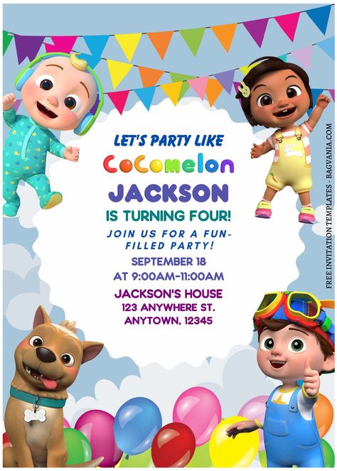 Cocomelon Invitation Template Editable, Cocomelon Invitation Template, Birthday Invitation Template Free Editable, Cocomelon Invitation, Coco Baby, Engagement Party Games, Baby Birthday Party Theme, Coco Melon, Birthday Invitation Card Template