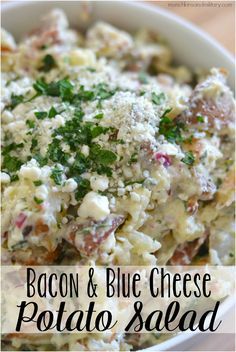 Heading to a BBQ this weekend? This potato salad recipe with bacon and blue cheese is the perfect side dish to bring along! http://munchkinsandmilitary.com/2017/06/bacon-blue-cheese-potato-salad.html?utm_campaign=coschedule&utm_source=pinterest&utm_medium=Alex%20%7C%20Munchkins%20and%20Military&utm_content=Bacon%20and%20Blue%20Cheese%20Potato%20Salad Blue Cheese Potato Salad, Salad Bacon, Salad Recipes With Bacon, Blue Cheese Recipes, Cheese Potato, Bacon Potato, Potato Salad Recipe, Cheese Potatoes, Potato Side Dishes