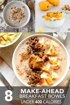 These make-ahead breakfast bowls are an answer to your soggy cereal. Quinoa, oats, chia and fresh fruit come together in a bowl of yum! 400 Calorie Meals Breakfast, 1500 Calorie Diet Meal Plans, 400 Calorie Breakfast, 400 Calorie Dinner, 600 Calorie Meals, Meals Under 400 Calories, 400 Calorie Meals, Healthy Bowl, Low Calorie Breakfast