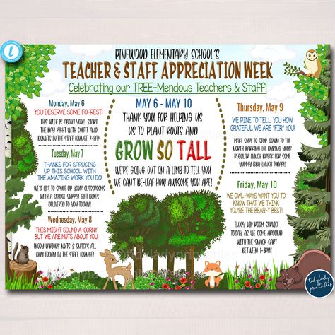 Woodland Forest Themed Teacher Appreciation Week Itinerary Poster Printable #ForestTheme #ItineraryCalendar #Appreciation #NurseAppreciation #PlantRoots #EmployeeAppreciation #InviteInvitation #AppreciationIdeas #AppreciationWeek #GrowSoTall https://tidylady.net Teacher Appreciation Day Themes, Camping Theme Teacher Appreciation Week, Survivor Teacher Appreciation Week, Teacher Appreciation Growing Theme, Garden Teacher Appreciation Week, Garden Themed Teacher Appreciation Week, Camp Theme Teacher Appreciation Week, Teacher Appreciation Themes Week, Teacher Appreciation Book Theme