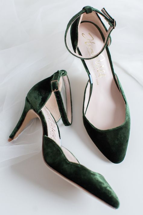 A beautiful two part court shoe on a mid heel with a soft pointed toe shape, crafted in beautiful forest green velvet with a delicate ankle strap. A stunning choice for a green wedding theme and the perfect way to add a pop of colour to your bridal look! Shop our stunning collection of green wedding shoes online. #weddingshoes #bridalshoes #weddingheels #bridalheels #greenweddingshoes #greenwedding #designershoes #weddingideas Green Bridal Shoes, Green Wedding Theme, Comfortable Bridal Shoes, Forest Green Wedding, Green Weddings, Beautiful Wedding Shoes, Beautiful Bridal Hair, Designer Wedding Shoes, Emerald Green Weddings