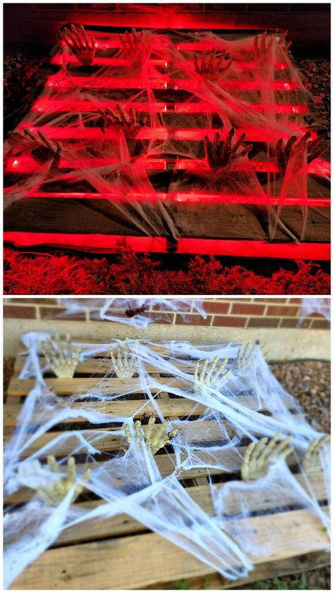 Halloween Skid Decorations, Diy Halloween Decorations Outdoor Pallet, Homemade Halloween Decorations Outdoor Craft Ideas, Pallet Zombie Pit, Halloween Decorations Pallet Wood, Pallets Halloween Decorations, Diy Night Club Decor Party Ideas, Halloween Pond Ideas, Hollween Decor Idea