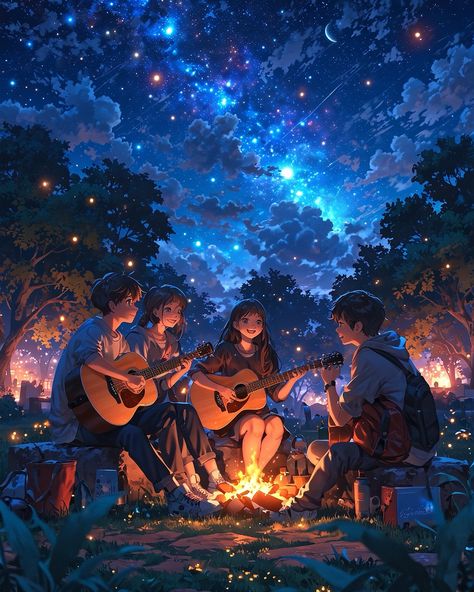 Campfire Illustration Art, Four Friends Drawing, Bonfire Drawing, Friends Illustration Art, Bonfire Illustration, Camp With Friends, Friends Bonfire, Campfire Illustration, Person Animation