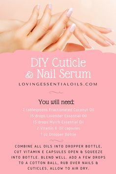 DIY Cuticle & Nail Serum With Essential Oils Recipe | Beauty Tips & Recipes | Fractionated Coconut Oil | Lavender Oil | Myrrh Oil | Vitamin E Oil | Glass Dropper Bottle Lavender Oil Benefits, Healthy Cooking Oils, Diy Serum, Myrrh Oil, Myrrh Essential Oil, Nail Serum, Diy Coconut Oil, Coconut Oil Uses, Coconut Oil For Skin