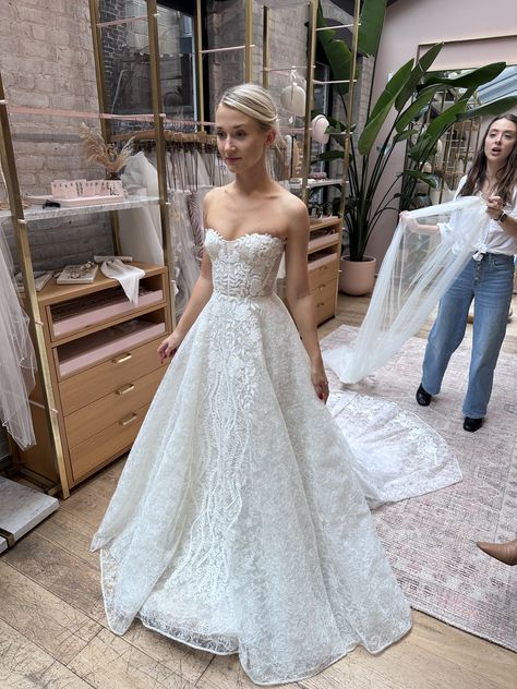 Sadie Huff Wedding Dress, Strapless Boho Wedding Dress, Pearl And Lace Wedding Dress, Drop Waste Wedding Dress, Fitted Drop Waist Wedding Dress, Lace Drop Waist Wedding Dress, Corset Basque Waist Wedding Dress, Drop Waist Corset Wedding Dress, Strapless Corset Wedding Dress Lace Bodice