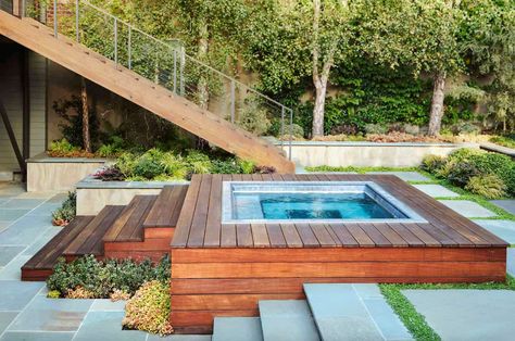 23 Amazing Outdoor Hot Tub Ideas For A Sanctuary Of Relaxation Hot Tub Deck Design, Hot Tub Landscaping, Luxury Hot Tubs, Wooden Pool, Deck Piscina, Hot Tub Patio, Hot Tub Designs, Sloped Yard, Hot Tub Deck