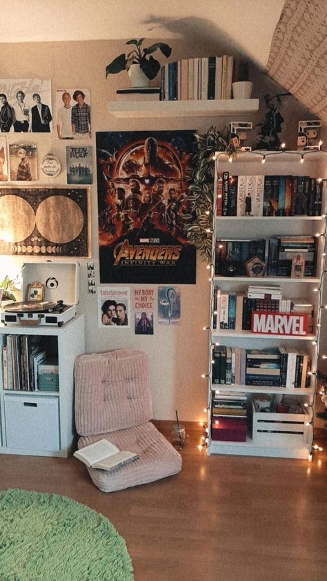 @jaikemarie | Room makeover inspiration, Marvel room, Dream room inspiration Marvel Dorm Room Ideas, Room Decor Ideas Bookworm, Room Ideas Aesthetic With Bookshelf, Apartment Aesthetic Bookshelf, Avengers Bedroom Aesthetic, Avengers Room Aesthetic, Aesthetic Room Decor Bookshelf, Bookshelf On Wall Aesthetic, Marvel Wall Decor Aesthetic