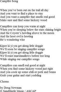 Campfire Song Preschool Camping Songs, Camping Songs For Kids, Camp Fire Songs, Girl Scout Camp Songs, Rihanna Lyrics, Singing Around The Campfire, Smile Song, Old Song Lyrics, Girl Scout Songs