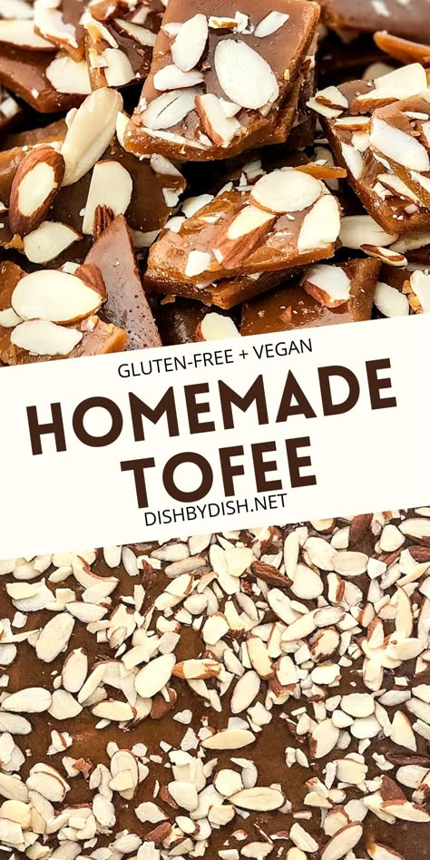 Perfectly decadent vegan toffee topped with crunchy sliced almonds makes the perfect holiday sweet treat or snack! Totally gluten-free and dairy-free too. Making homemade toffee is easier than you think! Go make a batch today! Vegan Toffee Recipe, Vegan Toffee, Chewy Toffee, Easy Toffee, Toffee Bark, Vegan Candy, Almond Toffee, Homemade Toffee, Toffee Recipe