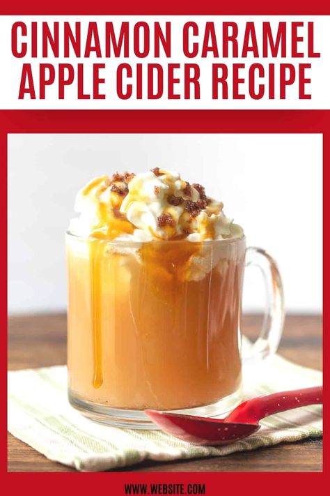 This spiced Hot Caramel Apple Cider tastes like fall in a mug! Made with a cinnamon-infused caramel simple syrup and homemade salted caramel topping, it's even better than Starbucks Caramel Apple Spice! Topped with whipped cream, cinnamon sugar and caramel drizzle, it's a wonderful indulgence on a cold day. Creamy Caramel Apple Cider, Carmel Apple Spice Drink, Hot Spiced Apple Juice, Carmel Apple Cider Drink, Carmel Apple Cider Recipe, Drinking Caramel, Hot Caramel Apple Cider Recipe, Caramel Simple Syrup, Fall Glamping