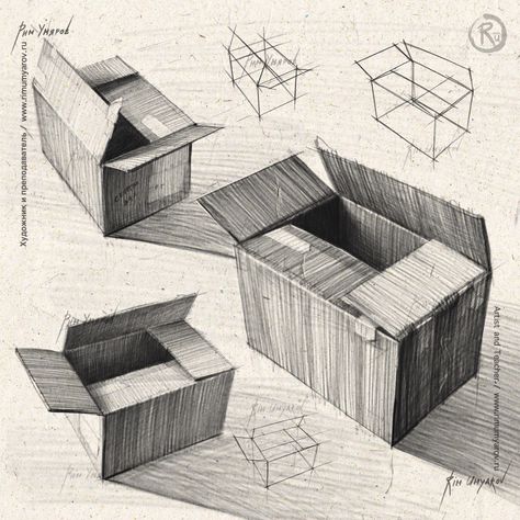 ArtStation - Boxes / коробки Daily Objects Sketches, Rim Umyarov, Object Sketches, Object Composition, Practice Drawing Shapes, Easy Realistic Drawings, Analytical Drawing, Shape Composition, Box Drawing