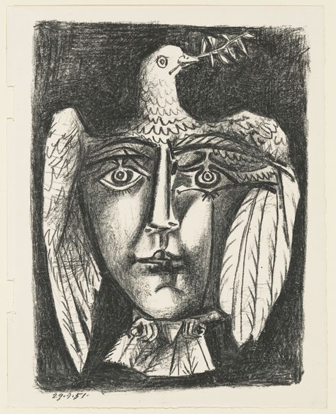 Pablo Picasso. Head and Dove. 1951. Lithograph. composition: 10 1/4 x 7 11/16" (26 x 19.5 cm); sheet: 11 1/8 x 8 7/8" (28.2 x 22.5 cm). Cercle d'Art. Given anonymously. 64.1952. © 2019 Estate of Pablo Picasso / Artists Rights Society (ARS), New York. Drawings and Prints Picasso Dove, Matisse Drawing, Pablo Picasso Drawings, Collaborative Mural, Picasso Prints, Picasso Cubism, Picasso Portraits, Picasso Drawing, Cubist Movement