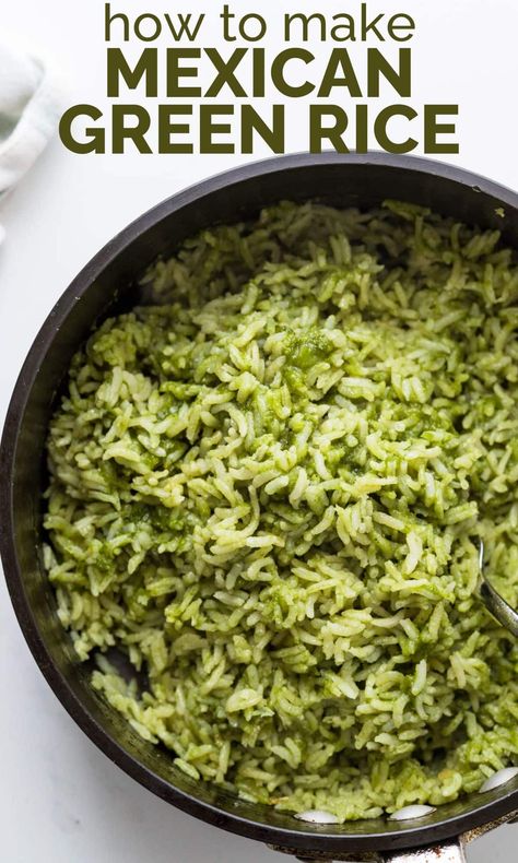 Green rice (a.k.a. Arroz Verde) is a tasty Mexican side dish that's easy to make w/ white rice, poblano peppers, cilantro, garlic & onions. This flavorful recipe is great with tacos, enchiladas & more. It's not a traditionally spicy dish, but you can add jalapenos or serrano pepper for a kick. Mexican Green Rice, Poblano Rice Recipe, Pablano Pepper Recipe, Serrano Pepper Recipes, Green Rice Recipe, Mexican Side Dish, Rice Mexican, Rice Sides, Poblano Peppers Recipes