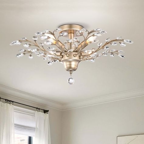 Holly 4-light Brushed Champagne Silver Crystal Leaves Flush Mount - Bed Bath & Beyond - 35239789 Mountain Lighting, Closet Chandelier, Beauty Quiz, Stone Harbor, Geometric Chandelier, Chandelier Bedroom, Light Fixtures Flush Mount, Pretty Lights, Banquet Hall