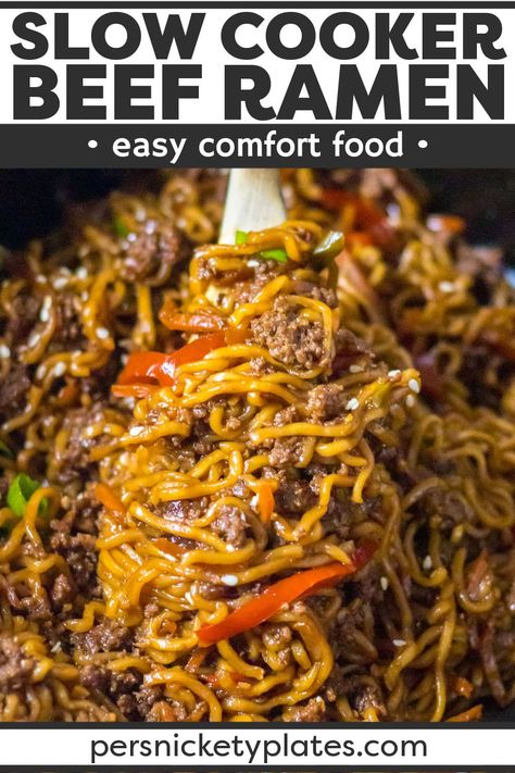 Slow Cooker Ramen Noodles, Ramen Noodle Crockpot Recipes, Slow Cooker Beef Ramen Noodles, Crockpot Lo Mein, Slow Cooker Lo Mein, Slow Cooker Beef Ramen, Beef Ramen Noodles, Beef Ramen, Beef Casseroles