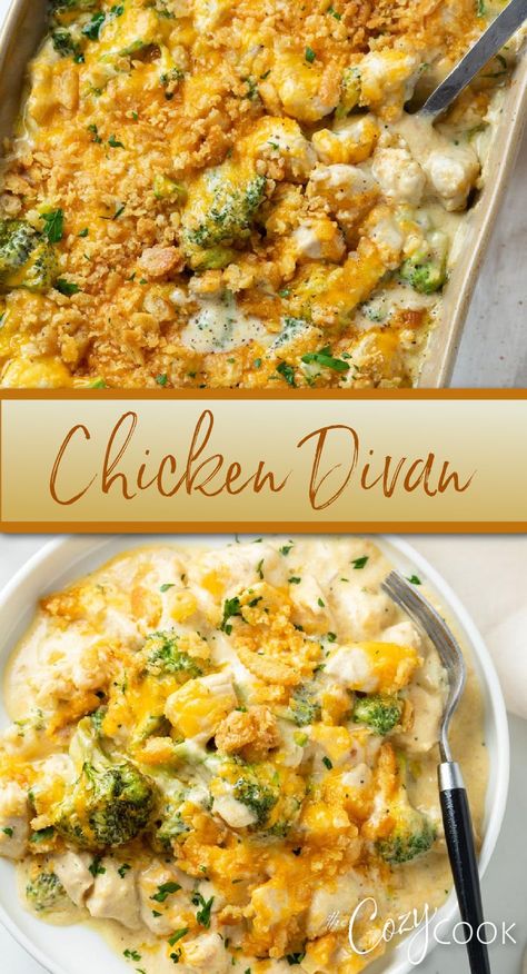 Chicken Divan with chunks of chicken and broccoli and cheese. Casseroles Chicken, Heavenly Chicken, Ritz Cracker Topping, Chicken Divan Casserole, Chicken Casserole Recipes, Cozy Cook, Quick Family Dinners, Chicken Divan, Chicken Casserole Easy