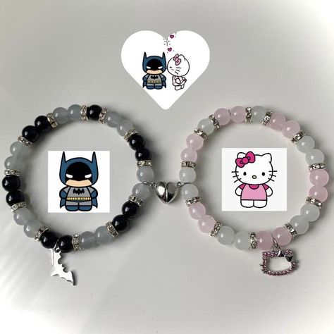 Batman and Hello Kitty bracelets🎀 Matching couple... - Depop Matching Bracelet Couple, Bracelets Matching Couple, Aesthetic Couple Bracelet, Bracelet Diy For Boyfriend, Batman And Hello Kitty Bracelets, Matching Hello Kitty Bracelets, Batman Matching Bracelets, Bracelet Matching Couple, Couples Beaded Bracelets