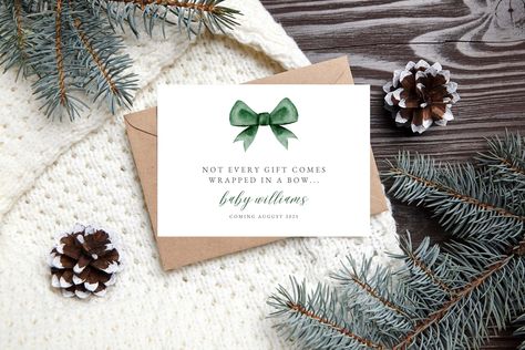 Christmas Pregnancy Announcement Card, Green Bow, Gift Card -  Editable Canva Template Pregnancy Announcement Cards, Christmas Pregnancy Announcement, Christmas Pregnancy, Green Bows, Announcement Cards, Christmas Greeting Cards, Last Minute Gifts, Pregnancy Announcement, Canva Template