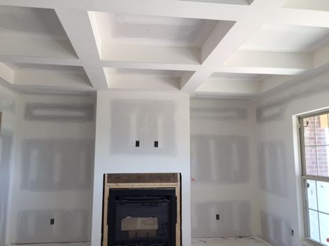 Drywall coffer ceiling Great room Drywall Coffered Ceiling, Coffered Ceiling Family Room, Diy Coffered Ceiling, Waffle Ceiling, Ceilings Ideas, Coffer Ceiling, Coffered Ceiling Design, Tray Ceilings, House Upgrades