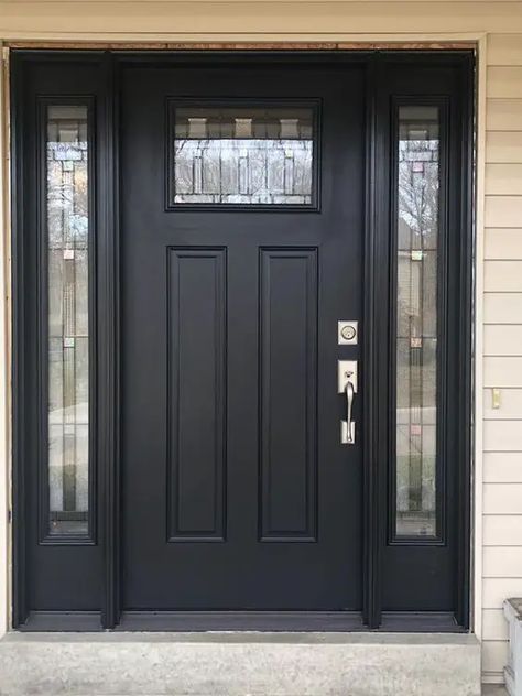 Black Front Door With Side Panels, Front Entry Door With Sidelights, Front Door With Sidelights Privacy, Craftsman Front Door Ideas, Black Doors Exterior Front Entry, Craftsman Front Door, Warehouse Windows, Door With Sidelights, Industrial Chic Design