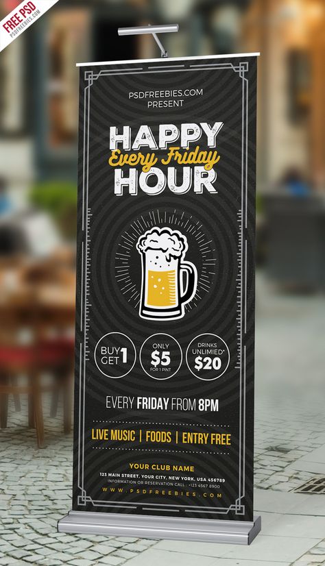 Happy Hour Beer, Standing Banner Design, Rollup Banner Design, Bar Alcohol, Beer Promotion, X Banner, Roll Banner, Standee Design, Banner Design Layout