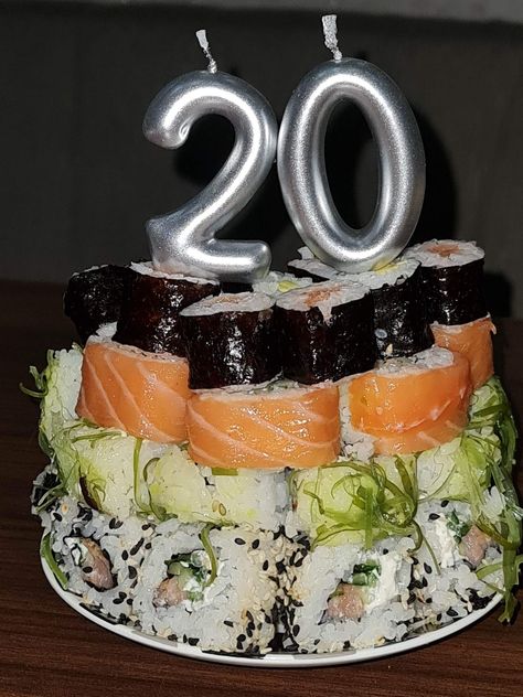 #birthday #sushi #sushicakeidea #20th Sushi Birthday, Sushi Cake Design, Sushi Birthday Cake, Sushi Themed Cupcakes, Sushi Cakes Birthday, Sushi Birthday Cake Ideas, Sushi Cake Birthday, 29th Birthday Cakes, Sushi Cake