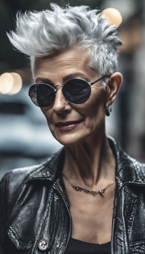 Black Grey Hair Color, Short Rocker Hairstyles For Women, Older Woman Fashion, Edgy Short Hair For Women Over 50, Pixie Over 50, Long Mohawk, Female Mohawk, Mohawk Hairstyles For Women, Short Punk Hair