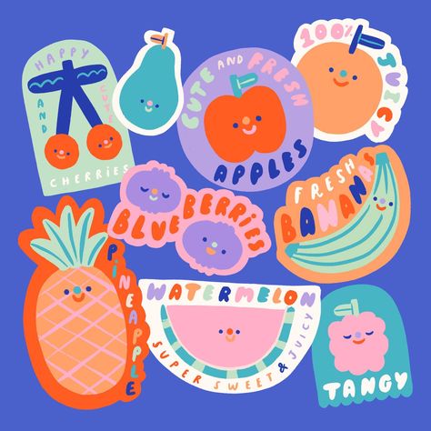 Fruit stickers, fruit illustrations. Artwork by Rachel Carter Fruit Illustration Design, Cute Fruit Stickers, Fruit Branding, Raspberry Pattern, Stickers Fruit, Rachel Carter, Fruit Doodle, Kids Graphic Design, Fruit Graphic