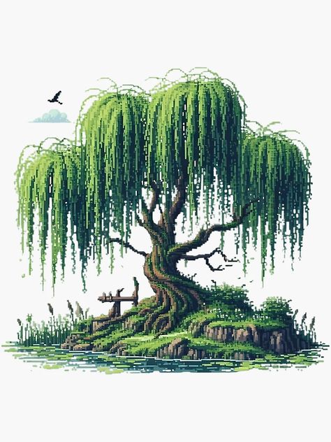 "Pixel Weeping Willow" Sticker for Sale by DragonsPetals | Redbubble Cartoon Willow Tree, Weeping Willow Art, Willow Tree Illustration, Zen Plants, Bonnie Bunny, Willow Tree Art, Willow Trees, Weeping Willow Tree, Willow Grove