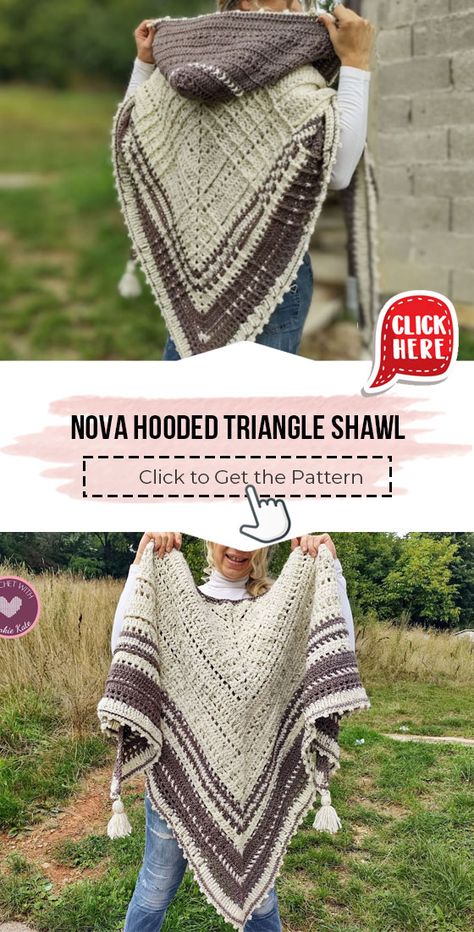 Nova Hooded Triangle Shawl, Hooded Triangle Scarf Crochet Pattern, Crocheted Triangle Shawls, Easy Crochet Hooded Cowl Pattern Free, Crochet Shawl With Hood, Crochet Patterns For Beginners Blanket, Crochet Hooded Shawl, Crochet Stoles, Easy Crochet Shawl For Beginners