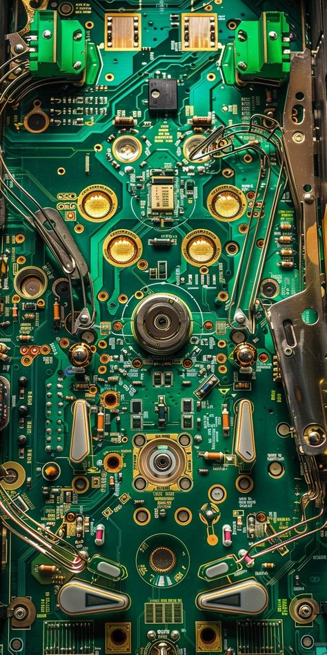 top view of a pinball game, flipper, Printed Circuit Board Assembly theme, PCB internals style, green and gold, technical elements, mechanical elements, electronic elements, electrical elements, chips, IC, disassembling mood, physical tech photography, DIY style, high resolution, pixel perfect, 8k, in the style of ifixit --v 6  --stylize 100 Mechanical Wallpaper, Circuit Board Wallpaper, Tech Photography, Electronics Wallpaper, Electronics Background, Electronic Circuit Board, Themes For Mobile, Tipografi 3d, Circuit Board Design