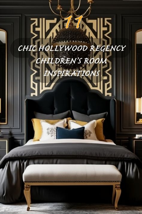 Step into a world of elegance with this stunning Hollywood Regency children's room design! Featuring rich black tones and bold gold patterns, this space is a perfect blend of sophistication and playful charm. The luxurious bed adorned with stylish pillows and a chic bench creates a cozy yet stylish atmosphere. Perfect for inspiring creativity while maintaining a classic touch, this room is a dream come true for any little one. Explore my collection for more stunning ideas! Modern Victorian Bedroom Ideas, Hollywood Regency Bedroom, Regency Bedroom, Children's Room Design, Bed Drapes, Modern Hollywood Regency, Eclectic Dining Room, Minimalist Living Room Design, Victorian Bedroom