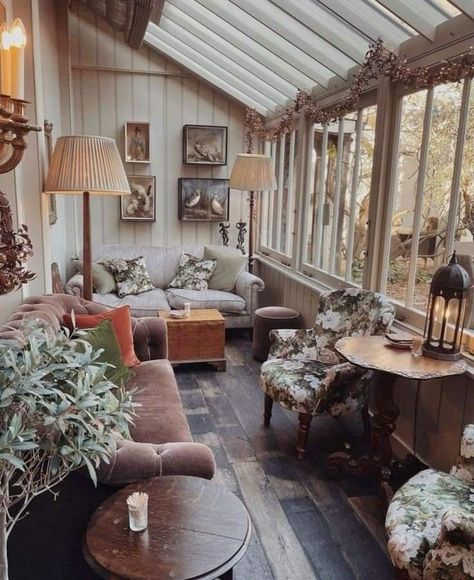 Cabin Sunroom Ideas, Exposed Brick Sunroom, Patio Converted To Sunroom, English Cottage Sunroom, Vintage Sunroom Ideas, Sunroom Vintage, French Sunroom, Cosy Conservatory Ideas, Solarium Addition