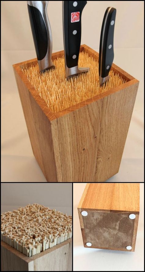 Yes, knife blocks are definitely affordable. But why spend extra on a regular knife block when you can easily make one that’s simple yet more elegant and functional!  This clever universal knife block design came from the creative mind of Martin Robitsch. Knife Block Diy, Diy Pallets, Diy Knife, Rustic Mason Jars, Knife Storage, Knife Holder, Diy Holz, Diy Holder, Kitchen Diy