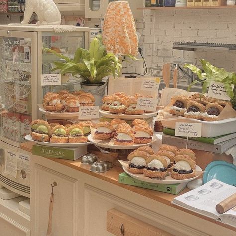 Bakery Foods Aesthetic, Cafe And Bakery Aesthetic, Korean Cafe Ideas, Own Bakery Aesthetic, Bakery Aesthetic Korean, Cottagecore Bakery Interior, Japanese Bakery Shop Aesthetic, Food Stand Aesthetic, Cafe Bakery Aesthetic