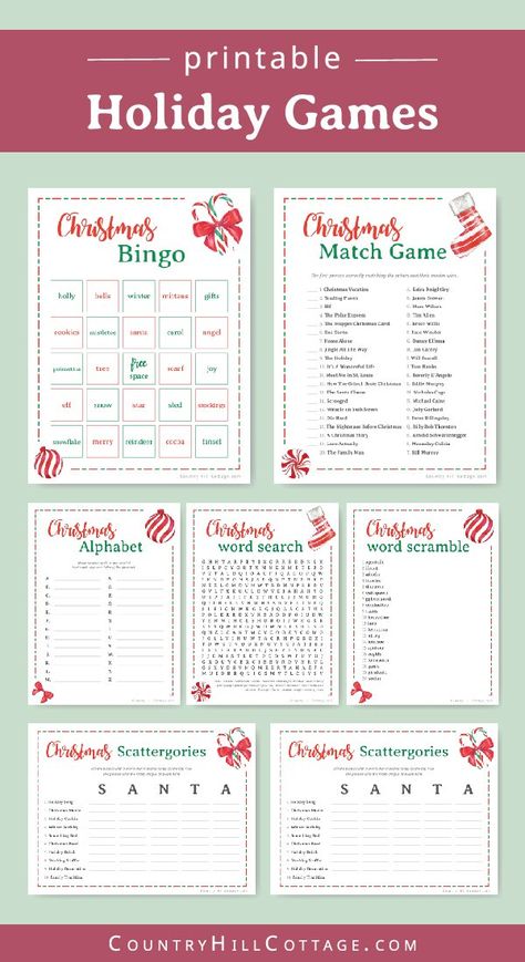 Download a collection of 6 free printable Christmas games for adults and kids! The holiday party games are a fun holiday activity for family get-togethers, Christmas parties, the office and for older students at school. The printable game bundle includes holiday bingo, scattergories, a festive word scramble, word search, a fun movie trivia game, and a holiday alphabet. Movie trivia game. With answers. #printable #freeprintable #holiday #Christmas #games #Christmasgames | countryhillcottage.com Christmas Game Ideas For Adults, Christmas Puzzles For Adults, Christmas Team Building Activities, Free Printable Christmas Games, Free Christmas Games, Activity For Family, Holiday Word Search, Bingo Christmas, Christmas Party Games For Adults