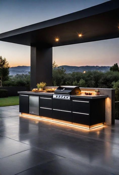 39 Stunning Outdoor Kitchen Ideas: With Style and Functionality 6 Outside Kitchen With Bar, Summer Kitchen Outdoor Modern, Out Door Kitchen Ideas, Black Outdoor Kitchen Ideas, Modern Bbq Area Outdoor, Linear Outdoor Kitchen, Bbq Kitchen Ideas, Outdoor Grill Design, Backyard Kitchen And Pool