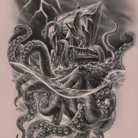 Kraken Shipwreck Tattoo, Kraken Back Tattoo, Sunken Ship Tattoo Shipwreck, Dark Nautical Tattoo, Kraken Attacking Ship Tattoo, Ship Kraken Tattoo, Seaman Tattoo Design, Burn The Ship Tattoo, The Kraken Tattoo