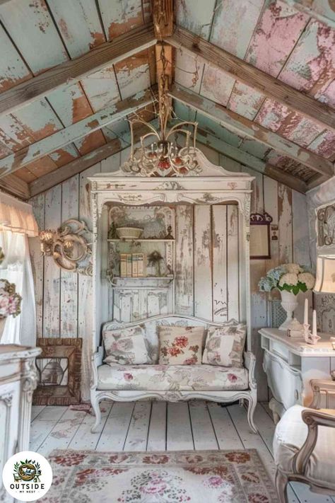 25 Incredible She Shed Interior Design Ideas Old Window She Shed, She Shed Curtains, She Shed Made From Old Windows, Whimsical She Shed, She Shed Interior Ideas Decor, She Sheds Ideas Interior, Small She Shed Ideas, Small She Shed Interiors, Inside She Shed Ideas