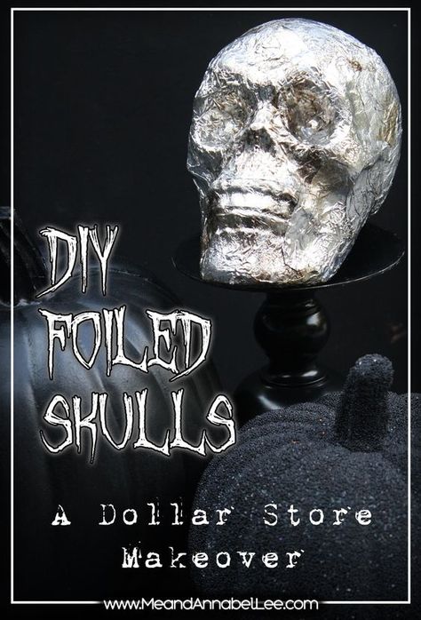 Foil Skull | Goth it Yourself | Gothic Home | Halloween decor | www.meandannabellee.com Styrofoam Skull Crafts, Diy Skull Decor, Emo Crafts, Goth Decor Diy, Halloween Masker, Halloween Skull Decor, Tin Foil Crafts, Goth It Yourself, Home Halloween Decor