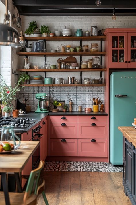 This is How to Make a Pink Kitchen Actually Work – Everyday Inspo Pink Walls Kitchen, Tiny Modern Kitchen, Pastel Kitchen Ideas, Colorful Eclectic Kitchen, Colorful Kitchens, Retro Pink Kitchens, 60s Kitchen, Persian Decor, Patterned Tile Backsplash