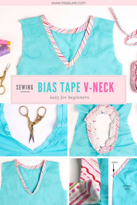 how to sew a v neck with bias tape Bias Tape Neckline, Sewing Bias Tape, Wrap Dress Pattern, Beginners Sewing, Sewing Tricks, Japanese Sewing, Sew Ins, Bias Binding, Sewing Class